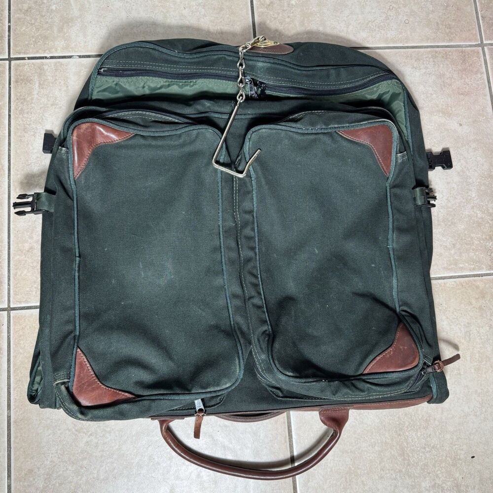VTG Orvis Battenkill Garment Bag Travel Luggage Green Canvas Brown Leather Suit